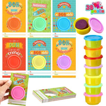 28 Pcs Valentines Day Gift Cards with Colorful Playing Dough for Kids Valentine Party Favors, Valentine's Classroom Exchange