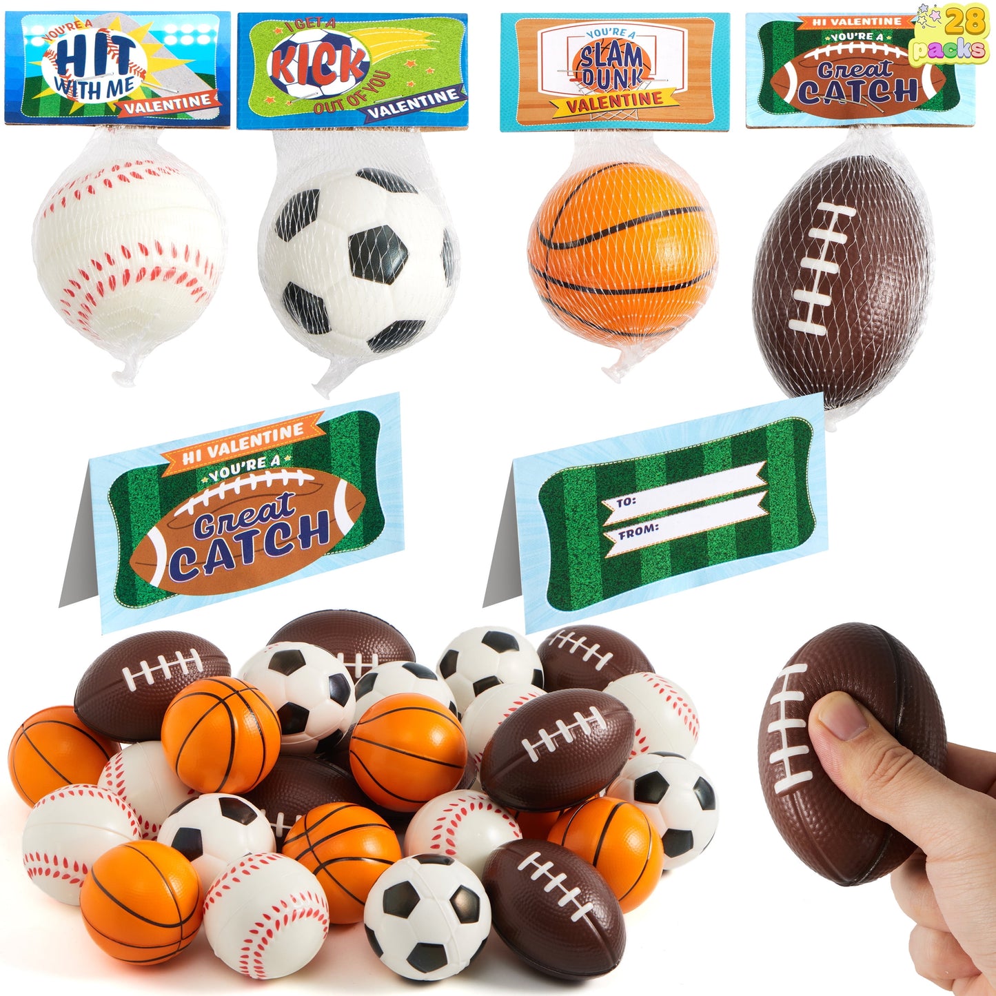 28 Packs Valentines Cards with Mini Sports Ball for Kids Boys, Figure Stress Balls Squeeze Foam Balls Bouncy Balls Toys for Valentines School Class Exchange Card, Party Favors