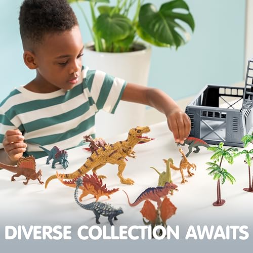 Joyfy 19 PCS Realistic Dinosaur Figures & Trees for Toddlers, Dinosaur Toys with Activity Play Mat & Storage Cage, Dino Playset Toys for Kids Ages 3-5, Dinosaur Toys for Boys and Girls Gift