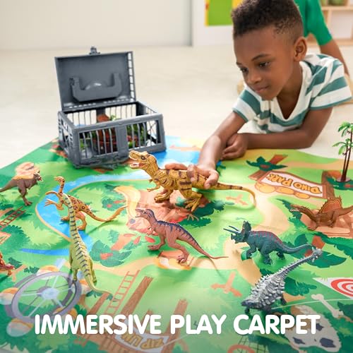 Joyfy 19 PCS Realistic Dinosaur Figures & Trees for Toddlers, Dinosaur Toys with Activity Play Mat & Storage Cage, Dino Playset Toys for Kids Ages 3-5, Dinosaur Toys for Boys and Girls Gift