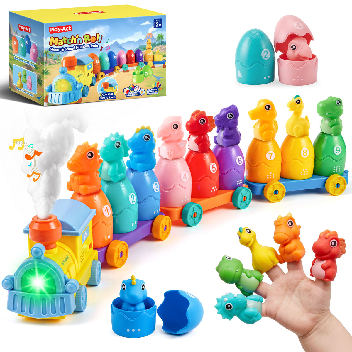 Play-Act Montessori Learning Toys for Toddlers 1-3, Steam Dinosaur Number Train Counting, Matching & Sorting Toy with Light & Sound, Christmas Birthday Gift for Baby