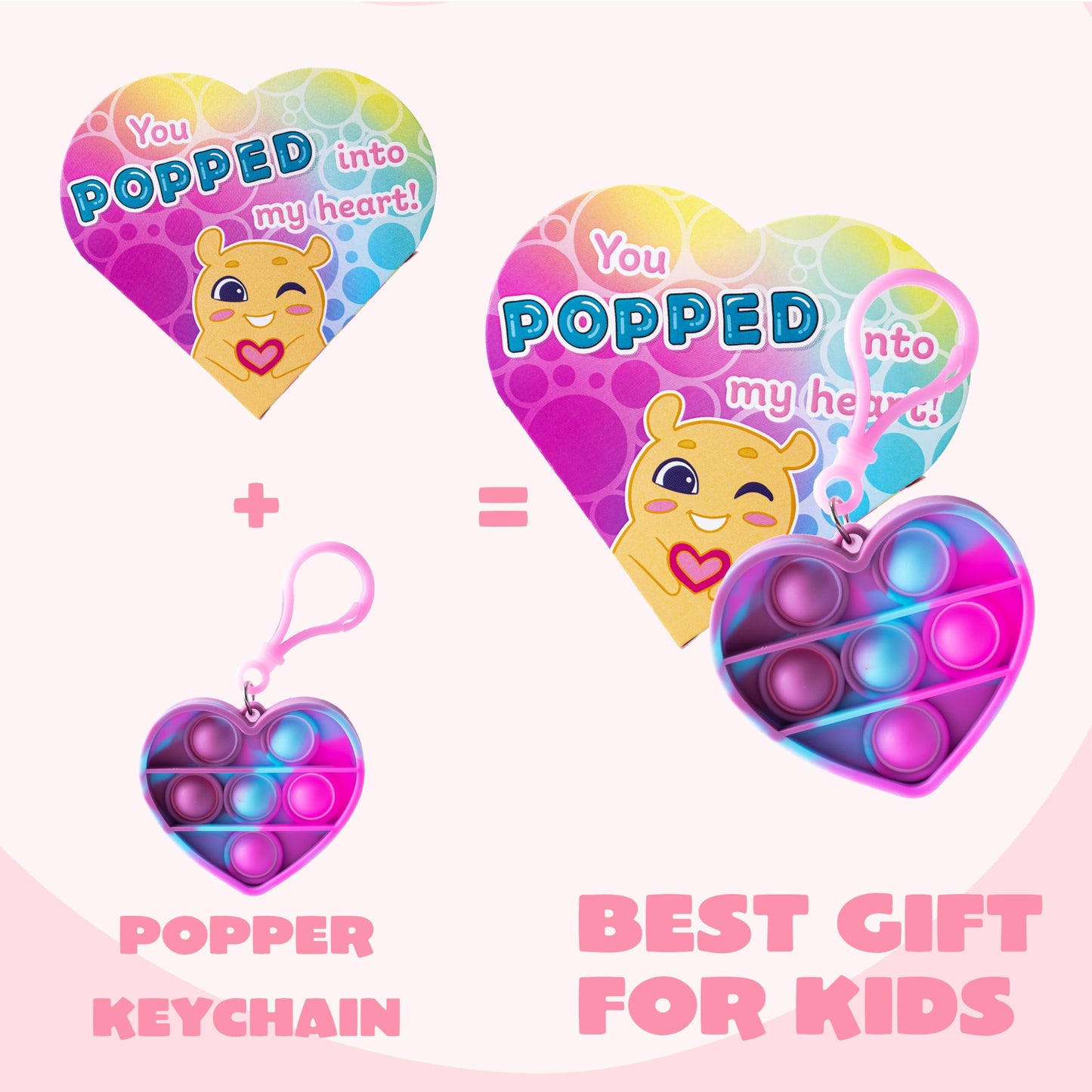 48pcs Valentines Day Cards with Pop Fidget Keychain Toys, Stress Relief Fidget for Kids with Heart Boxes, Valentines School Class Exchange Gifts Party Favors