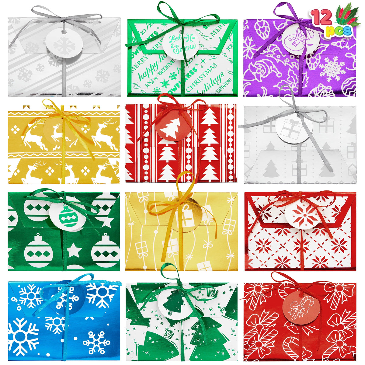 Joyfy 12 Pcs Gift Card Boxes Holder for Christmas, Christmas Foil Gift Card Boxes with Ribbon, 4.5" x 3.25" x 0.4" Decorative Wrapped Envelopes, 12 Design Holiday Xmas Party Present Decor