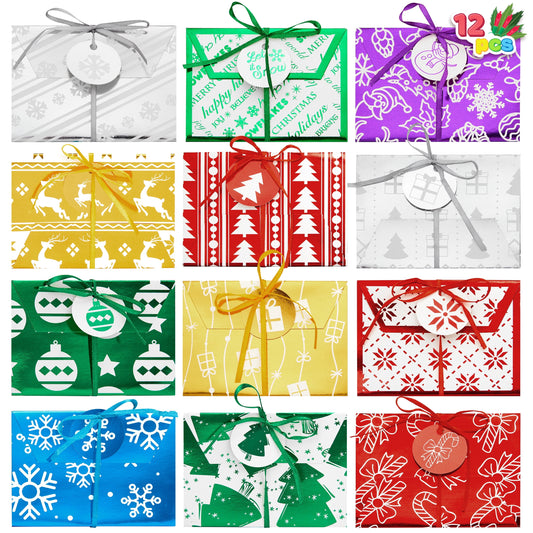 Joyfy 12 Pcs Gift Card Boxes Holder for Christmas, Christmas Foil Gift Card Boxes with Ribbon, 4.5" x 3.25" x 0.4" Decorative Wrapped Envelopes, 12 Design Holiday Xmas Party Present Decor