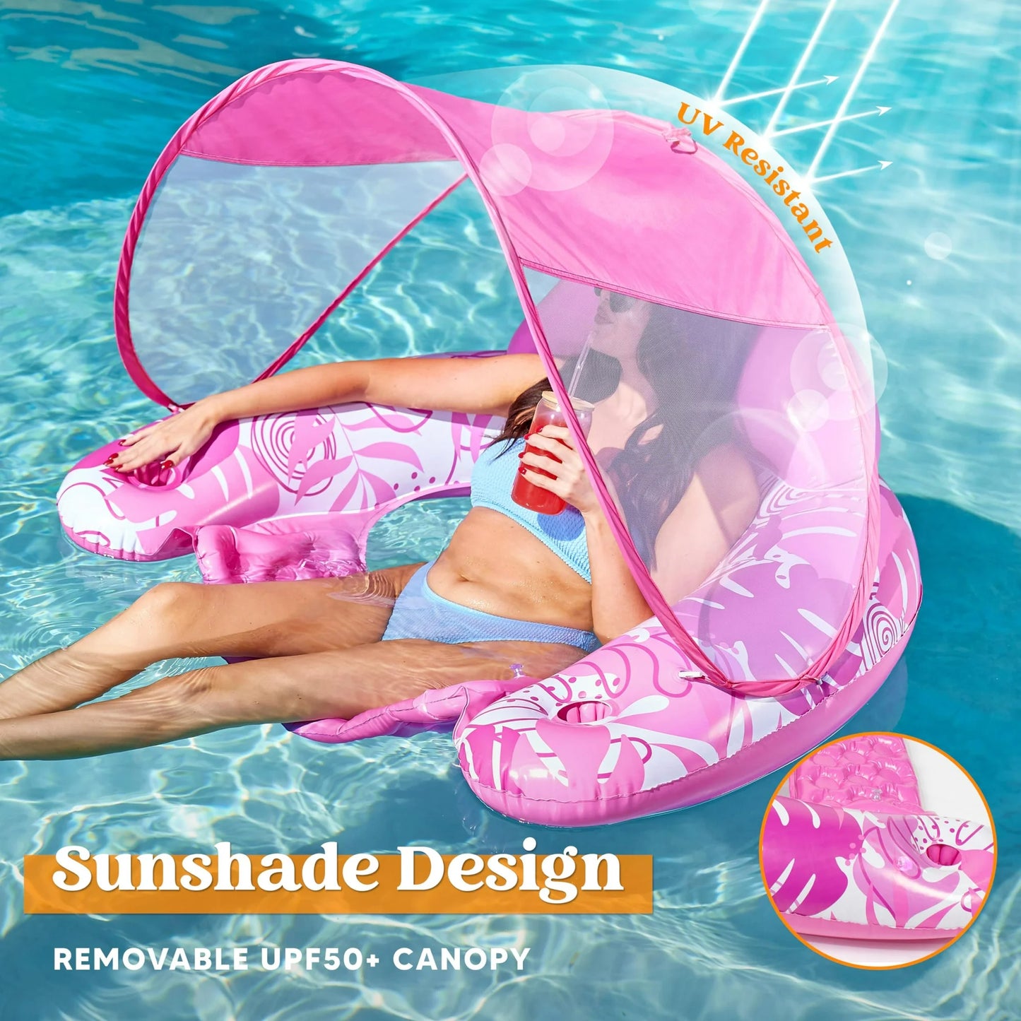 Syncfun Pool Float with Canopy, XL Pink Pool Lounge Chairs with Cup Holders, Floating Pool Chair for Adults, Inflatable Pool Floatie with Headrest for Summer Pool Party