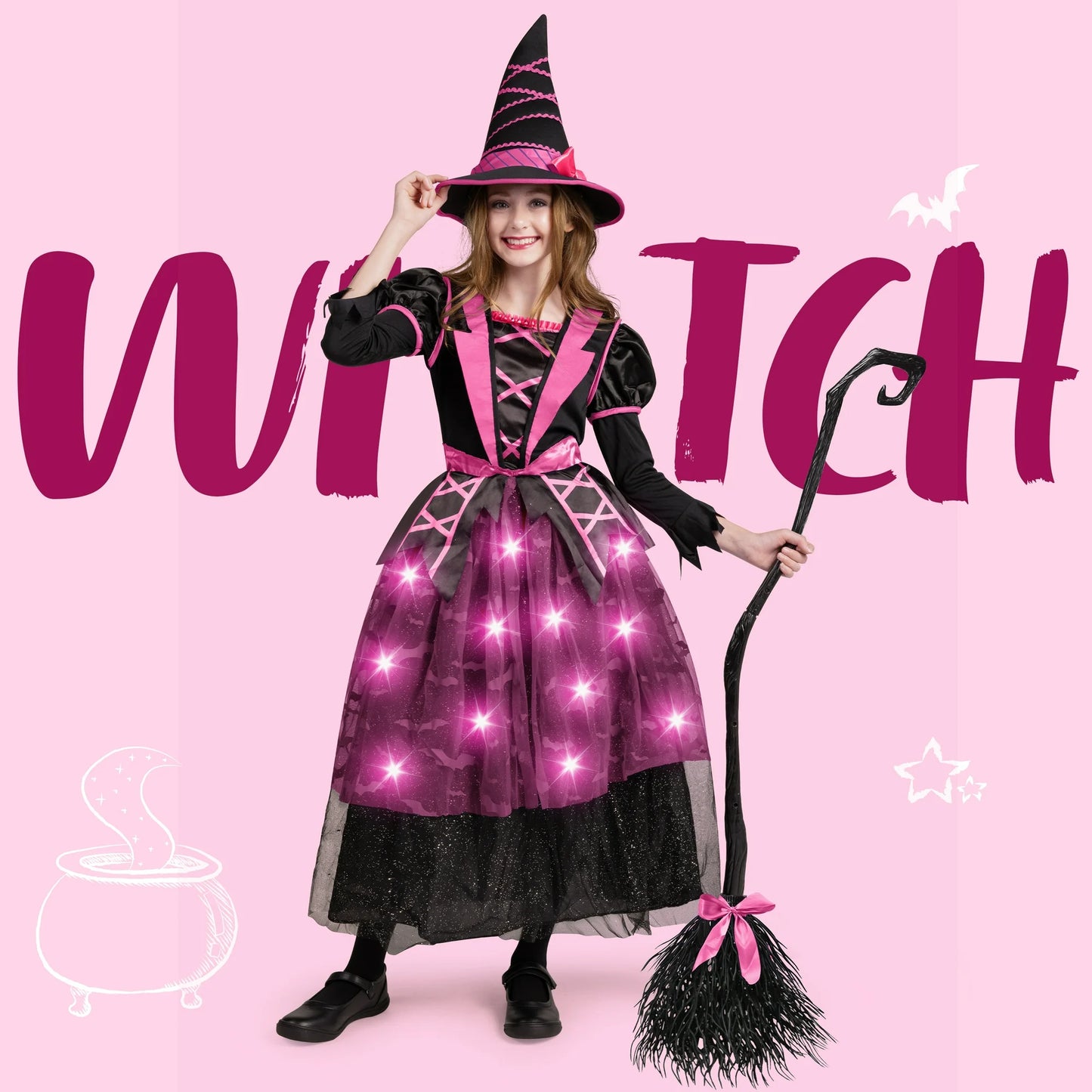 Syncfun Light Up Witch Costume Set for Girls, Starry Witch Dress with Broom Hat for Kids and Toddlers, Perfect for Halloween Party Dress-Up Cosplay Age up to 3