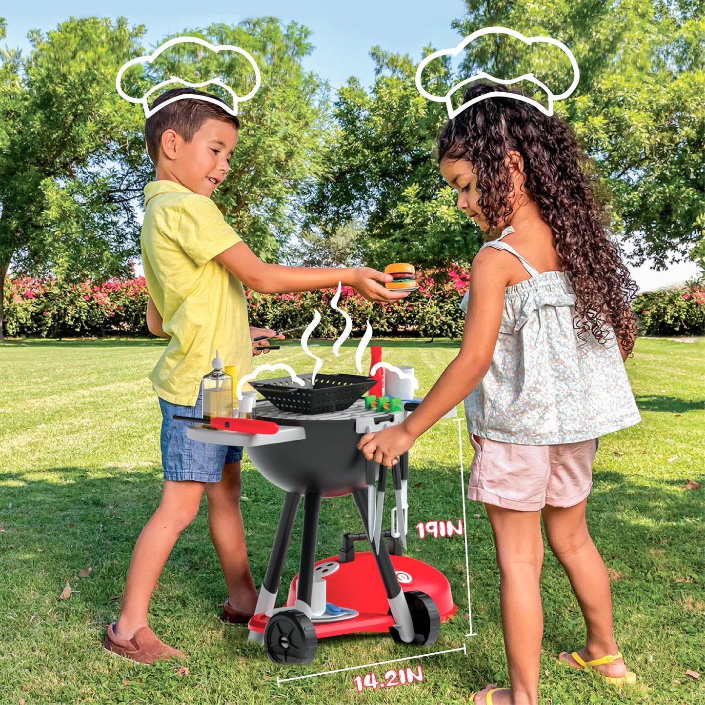 SYNCFUN 34 Pcs Kids Kitchen Playset, Toy BBQ Grill Set, Play Food Cooking Toy Set for Toddlers 1-3-5