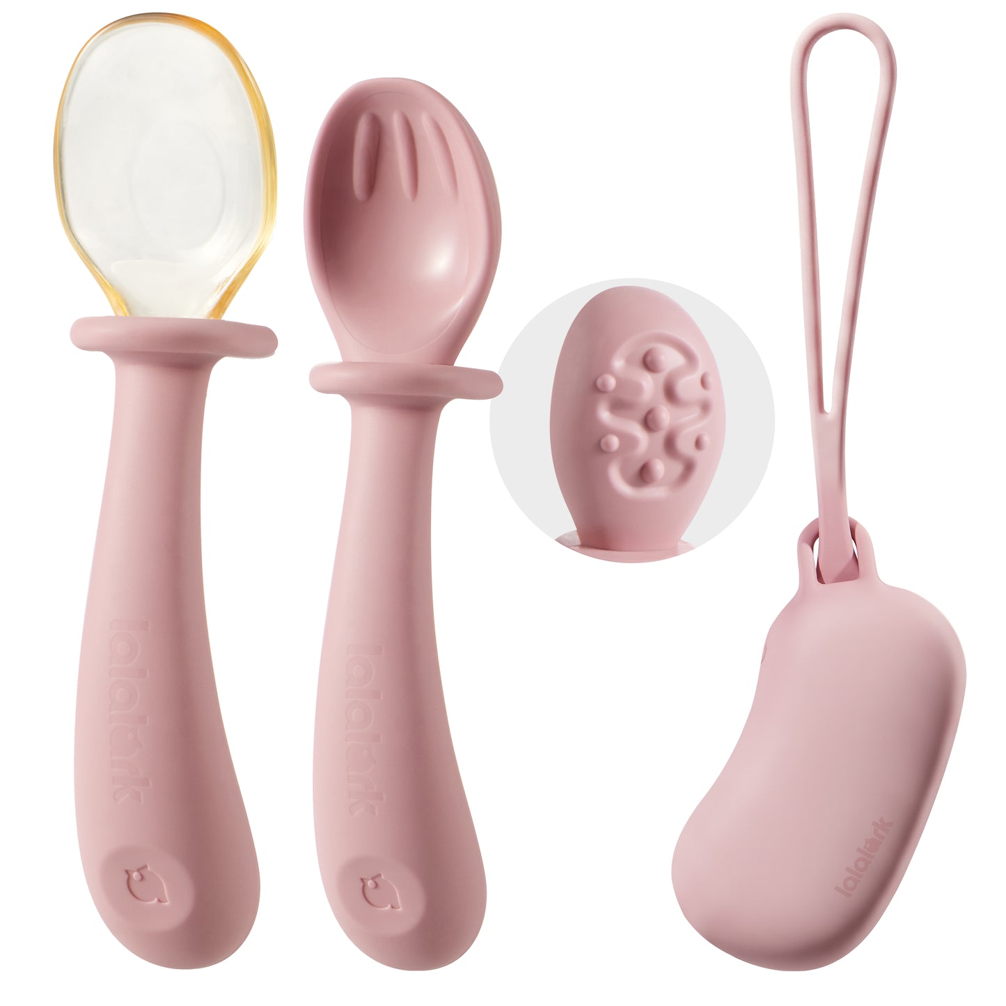 Lalalark Silicone Baby Spoons Set with Travel Case – 2-in-1 Growth Training Spoon for 6-12 Months & 1-3 Years, Soft Silicone + PPSU Hard Spoon, Self-Feeding Feeding Essentials, BPA Free, Pink