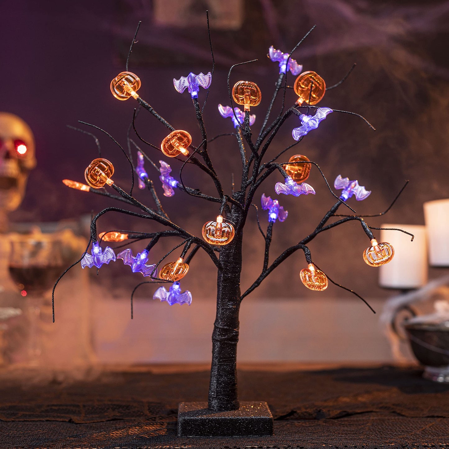 Joiedomi 1.5 FT Halloween Spooky Tree, Light Up Halloween Tree with 24 LED Orange Pumpkin and Purple Bat Lights, Prelit Black Tree for Halloween Tabletop Tree Decor Halloween Indoor Desktop Decoration