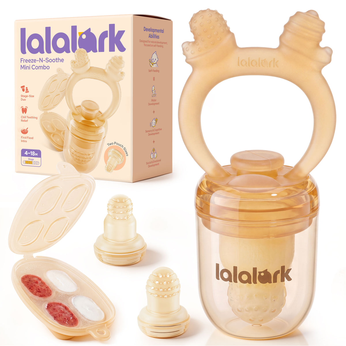 Lalalark Baby Fruit Food Feeder & Mini Freezer Nibble Tray Combo, Silicone Fresh Food Feeder with Breastmilk Popsicle Mold for Teething Relief, BPA Free Baby Self-Feeding Pacifier for 4+ Months