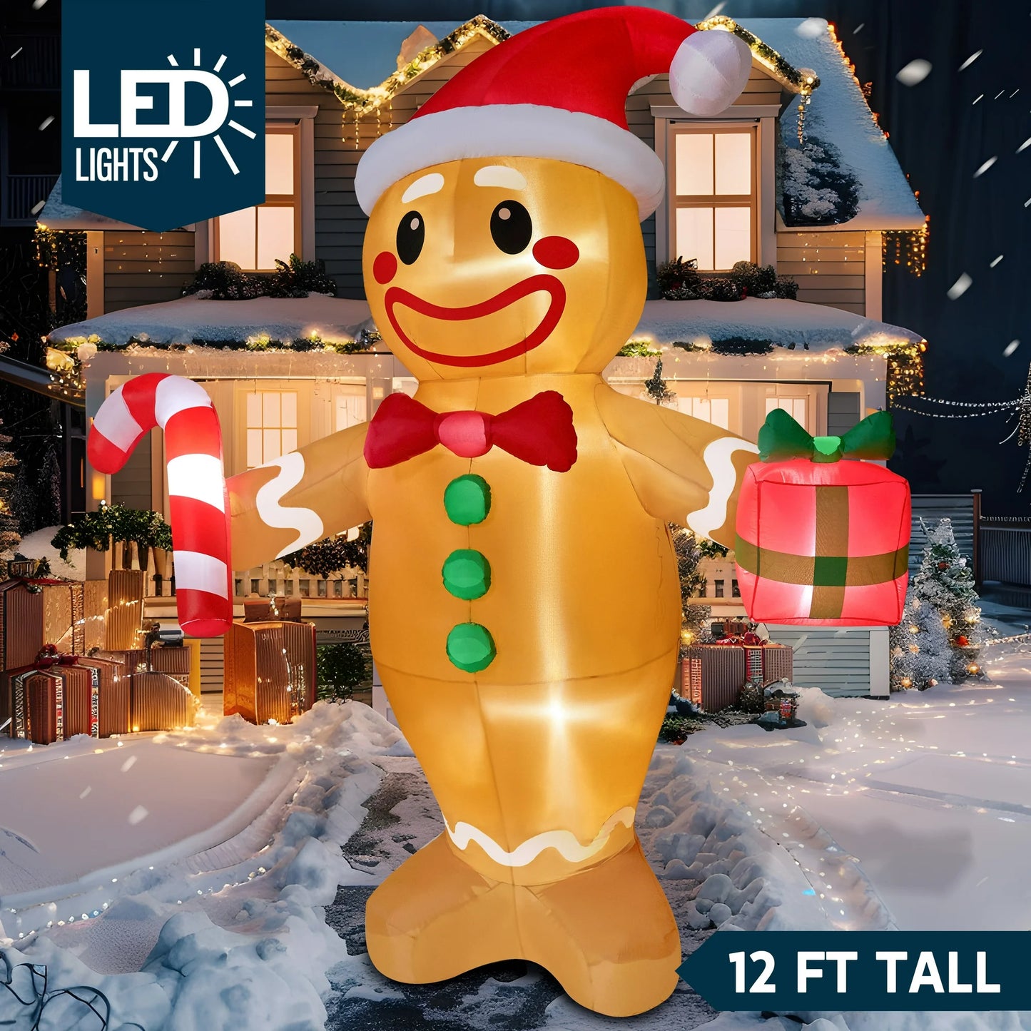 Joyfy 12 FT Christmas Inflatables Gingerbread Man Outdoor Decorations,Gingerbread Man Blow Ups Yard with Built-in LEDs for Holiday Party Garden Lawn Decor