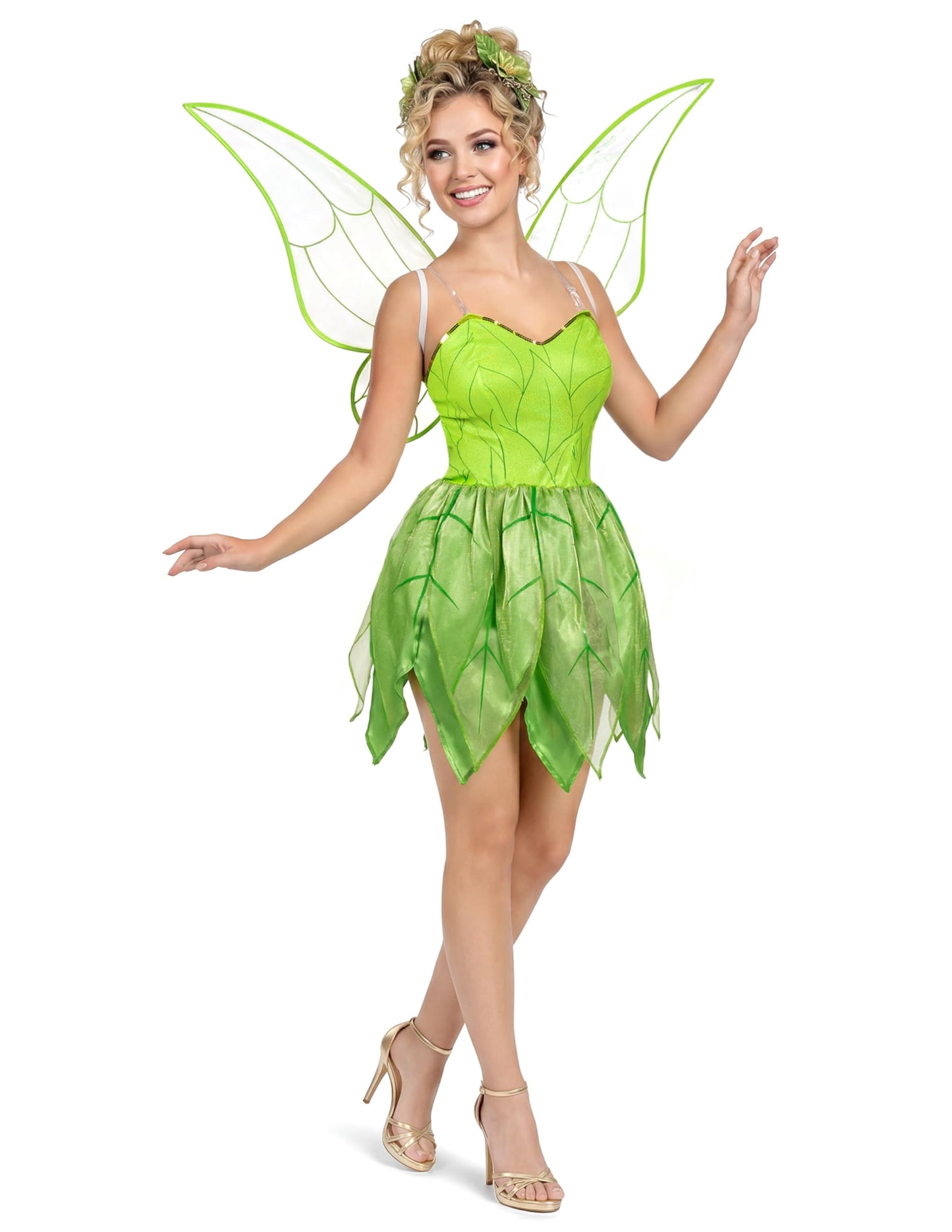 Joyfy Women Fairy Costume Green Fairytale Dress with Fairy Wings Costume Set for Adult Halloween Party Dress up Cosplay