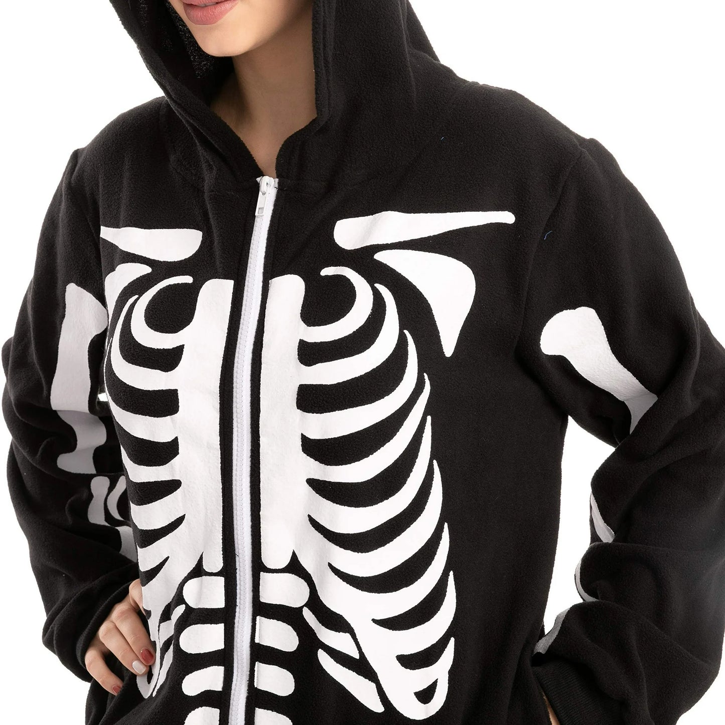 SYNCFUN Unisex Adult Skeleton Jumpsuit Pajama Zippered Halloween Hoody Sleepwear Costume(Large) Black
