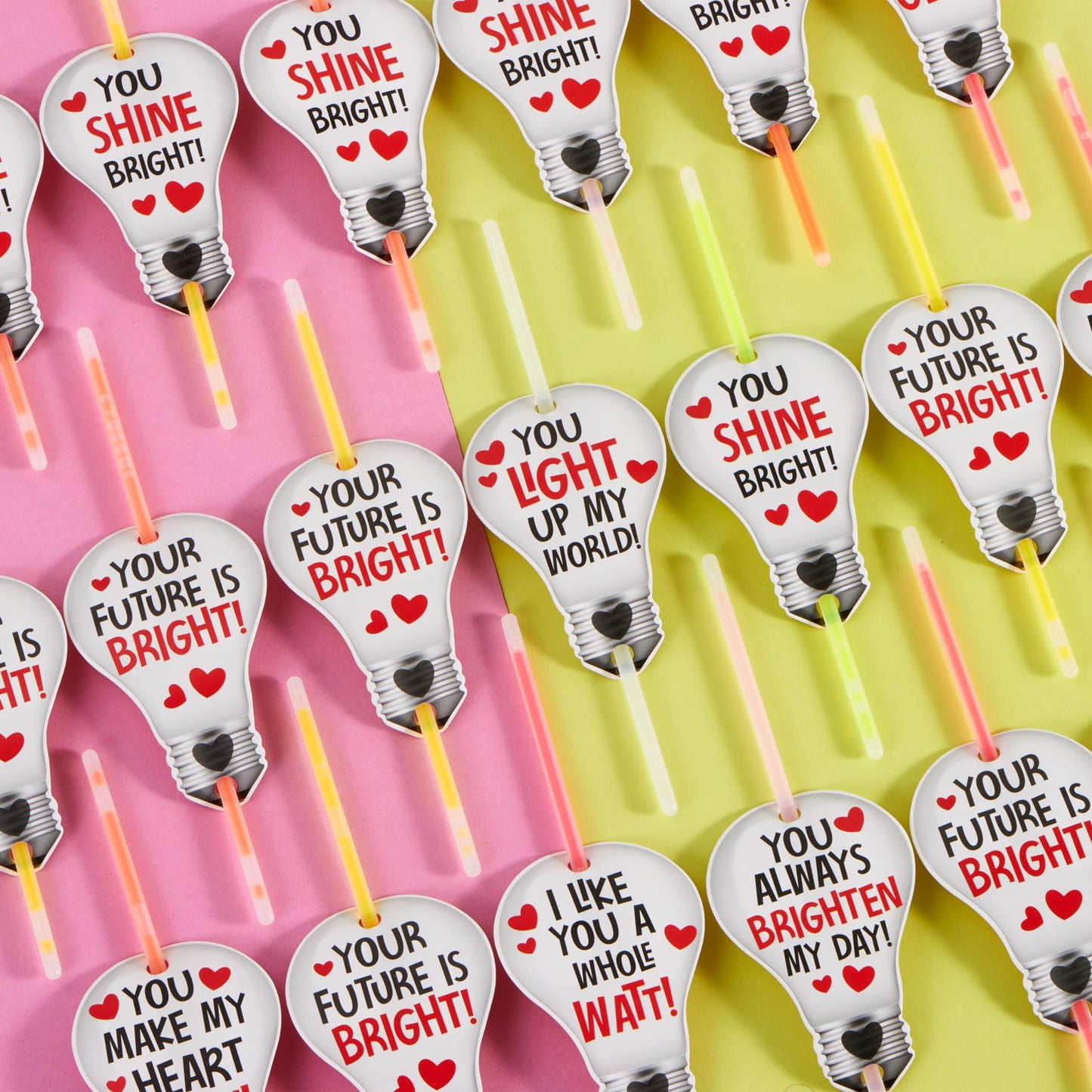 36 Packs Neon Valentines Day Gift Bulb Cards with Glow Sticks, Glow Necklaces for Valentine's Party Favor, Valentine Classroom Exchange Cards, Valentine School Prize