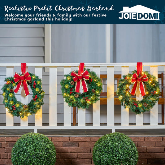 Joyfy 3 Pcs 19" Christmas Pre-Lit Wreath with LED Lights with Ribbon, for Front Door Decoration and Indoor Outdoor Christmas Decorations Window Door