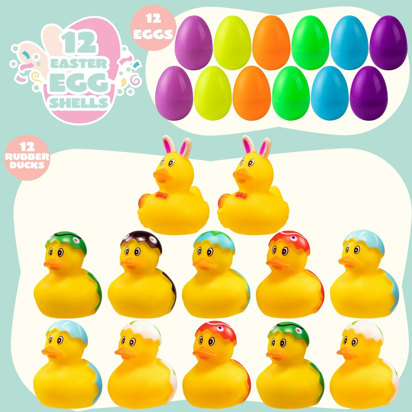 Joyfy 24 Pcs Prefilled Easter Eggs with Toys(12 Ducks and 12 Eggs),Colorful Easter Eggs Prefilled with Rubber Ducks for Easter Basket Stuffers and Bathtub Toys Party Favors