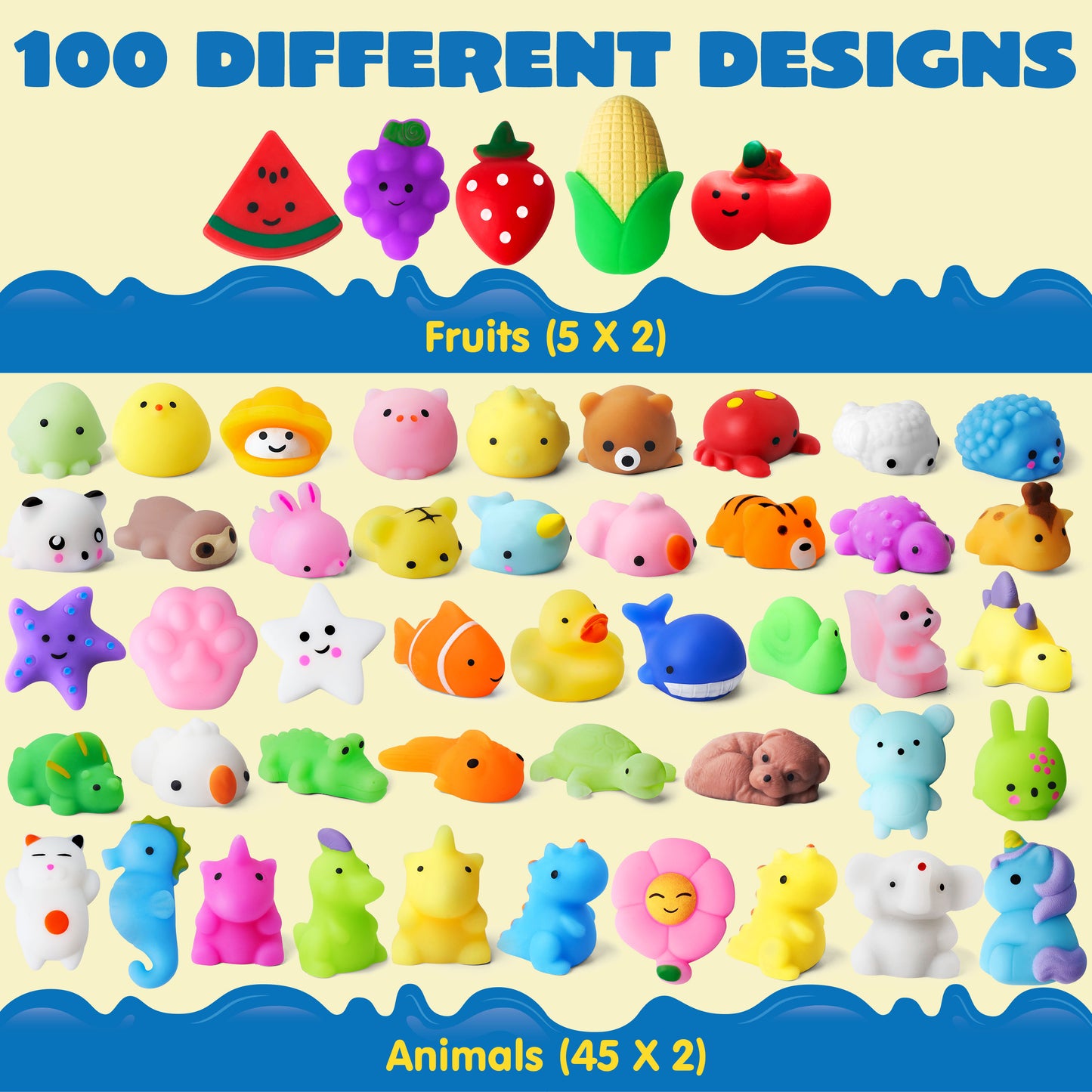 SYNCFUN 100 Pcs Mini Animals & Fruit Mochi Squishies for Kids Party Favor Toys for Stress Relief, Novelty Fidget Toys for Pinata Fillers, Classroom Prizes for Students, Birthday Gifts