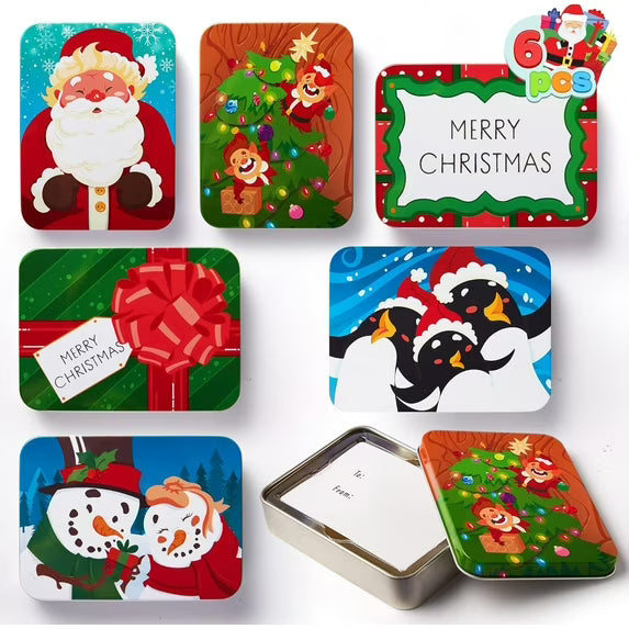 Joyfy 6 Pcs Gift Card Boxes Holder for Christmas, 4.33" x 2.6" x 0.6" Christmas Tins with Lids 6 Designs, Xmas Holiday Presents Decor, Party Favor Box