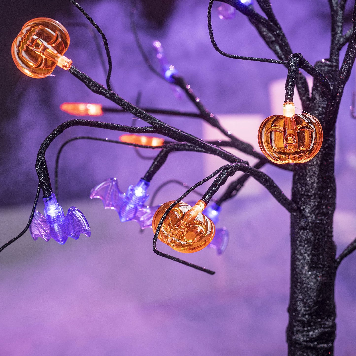 Joiedomi 1.5 FT Halloween Spooky Tree, Light Up Halloween Tree with 24 LED Orange Pumpkin and Purple Bat Lights, Prelit Black Tree for Halloween Tabletop Tree Decor Halloween Indoor Desktop Decoration