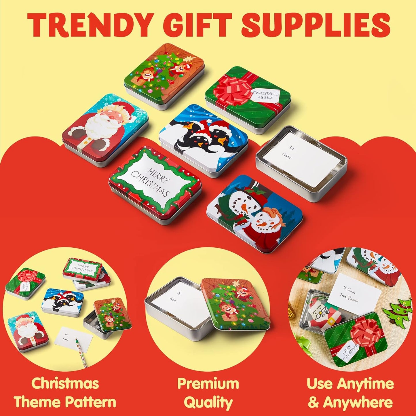 Joyfy 6 Pcs Gift Card Boxes Holder for Christmas, 4.33" x 2.6" x 0.6" Christmas Tins with Lids 6 Designs, Xmas Holiday Presents Decor, Party Favor Box