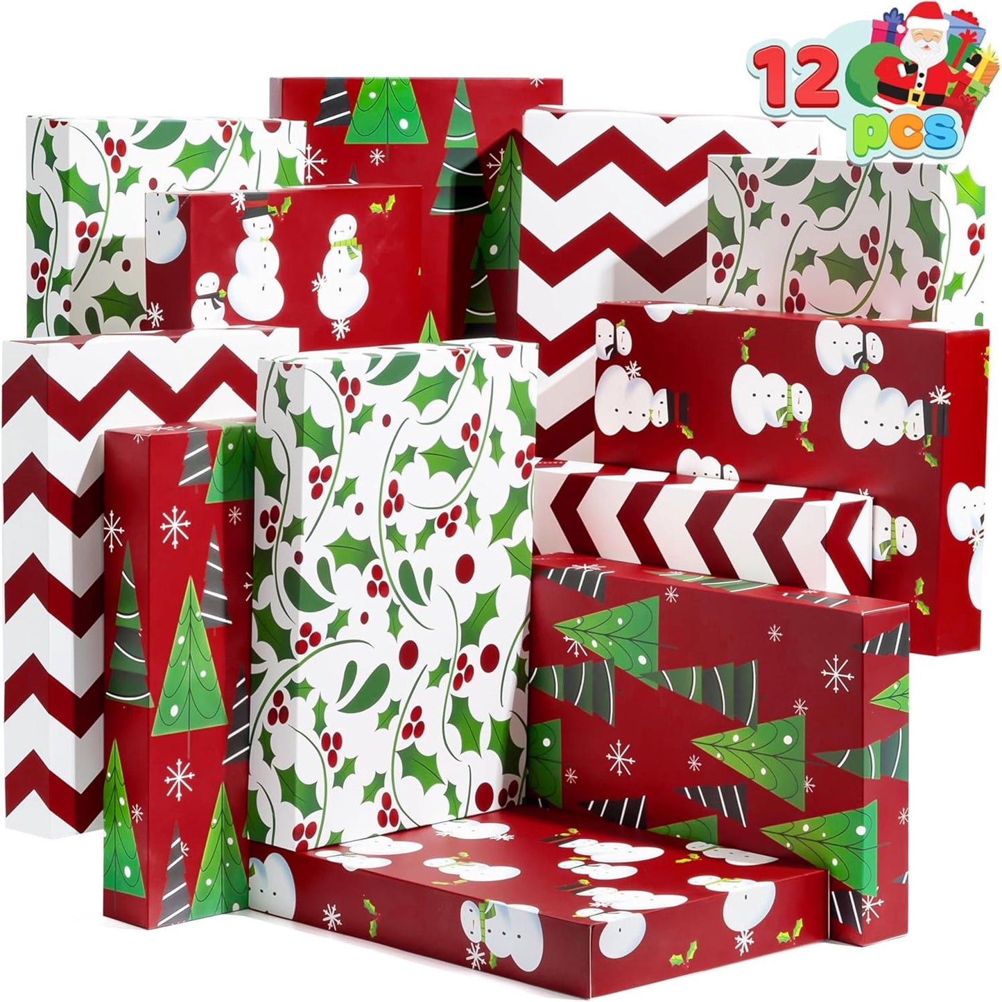 Joyfy 12 Pcs 14" x 9.5" x 2" Christmas Shirt Gift Boxes with Lids for Presents, Large Robe Cardboard Boxes, 4 Designs Decorative Box for Clothes, Xmas Birthday Holiday Wedding Gift Wrapping Decor
