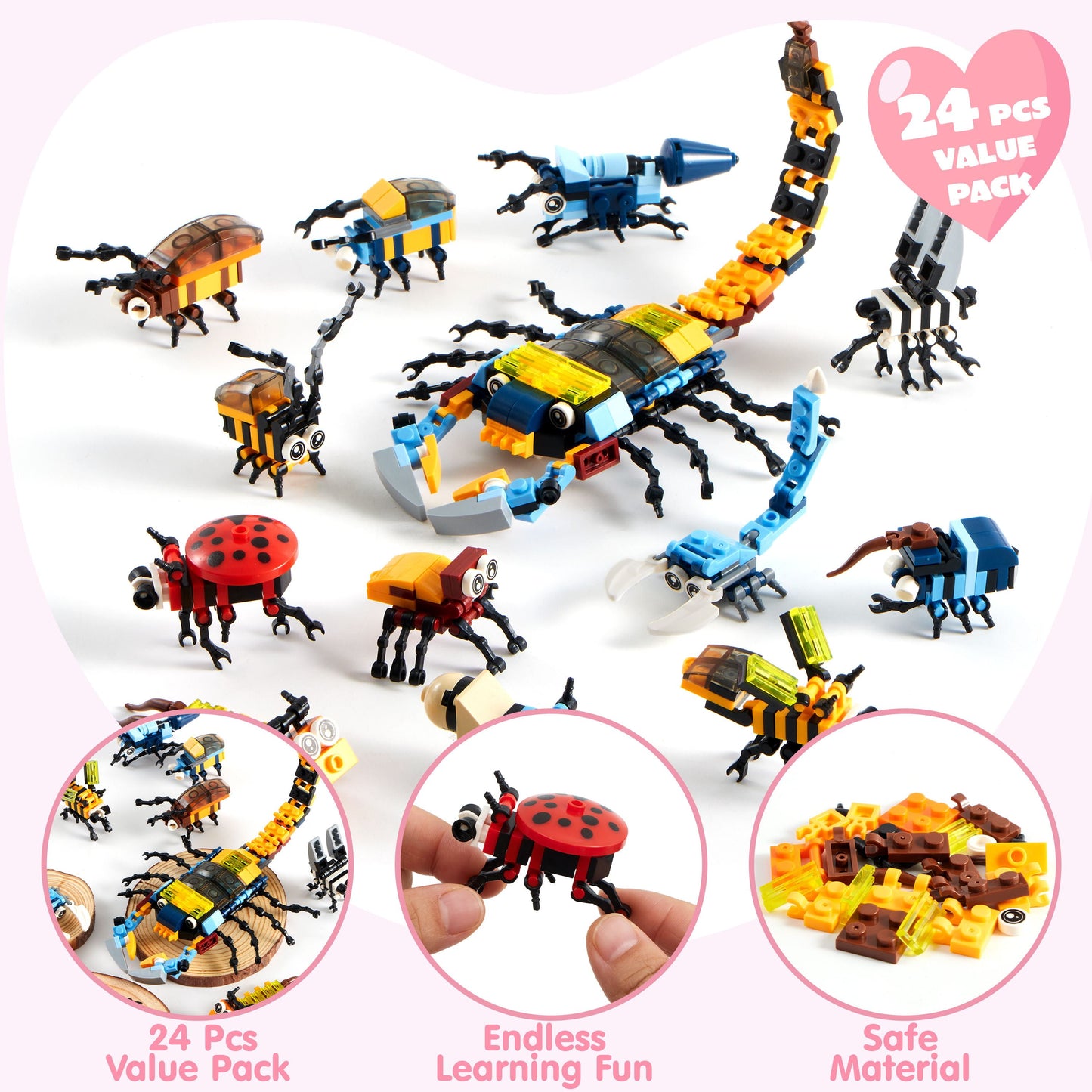 24 Packs Valentines Day Cards with Building Block for Valentine Party Gifts, Kids Classroom Exchange, Prize Supplies, School Rewards, Valentine's Day Gift Cards for