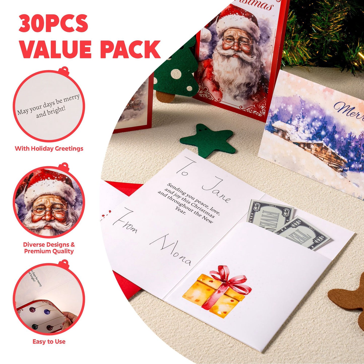 Joyfy 30 PCS Christmas Classic Money Cards with Envelopes, Christmas Money Cards (Gift Card Holders), Cash Christmas Money Cards (Holiday Season, Party Supplies)