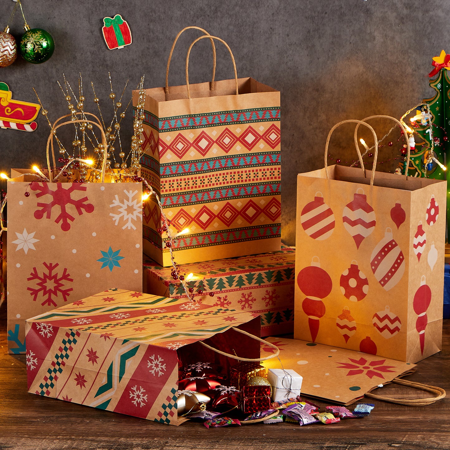 Joyfy 24 Pcs Christmas Present Bags, Kraft Bags with Handle for Christmas Party Favors, Gift Giving, Holidays Decorations, Xmas Treat Bags