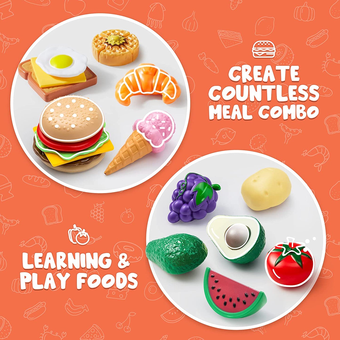 JOYIN 50 PCS Kids Plastic Play Food Toys, Fake Food, Pretend Kitchen Playset, Toddler Imaginative Development Toys, Fun Educational Game Accessories, Christmas Bithday Gifts Party Supplies