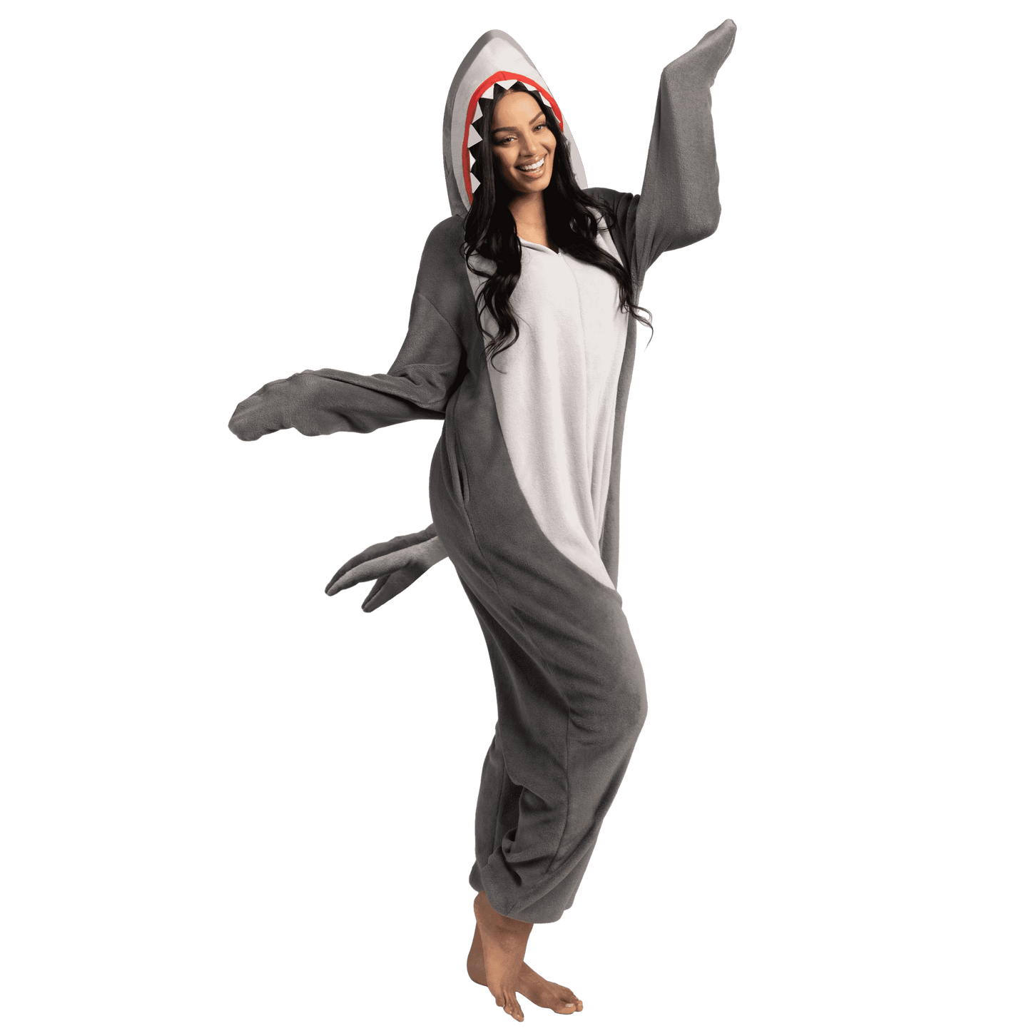 Joyfy Adults Shark Pajama Costume, Grey Hooded Zippered One Piece Jumpsuit for Halloween Party, Role Play and Cosplay