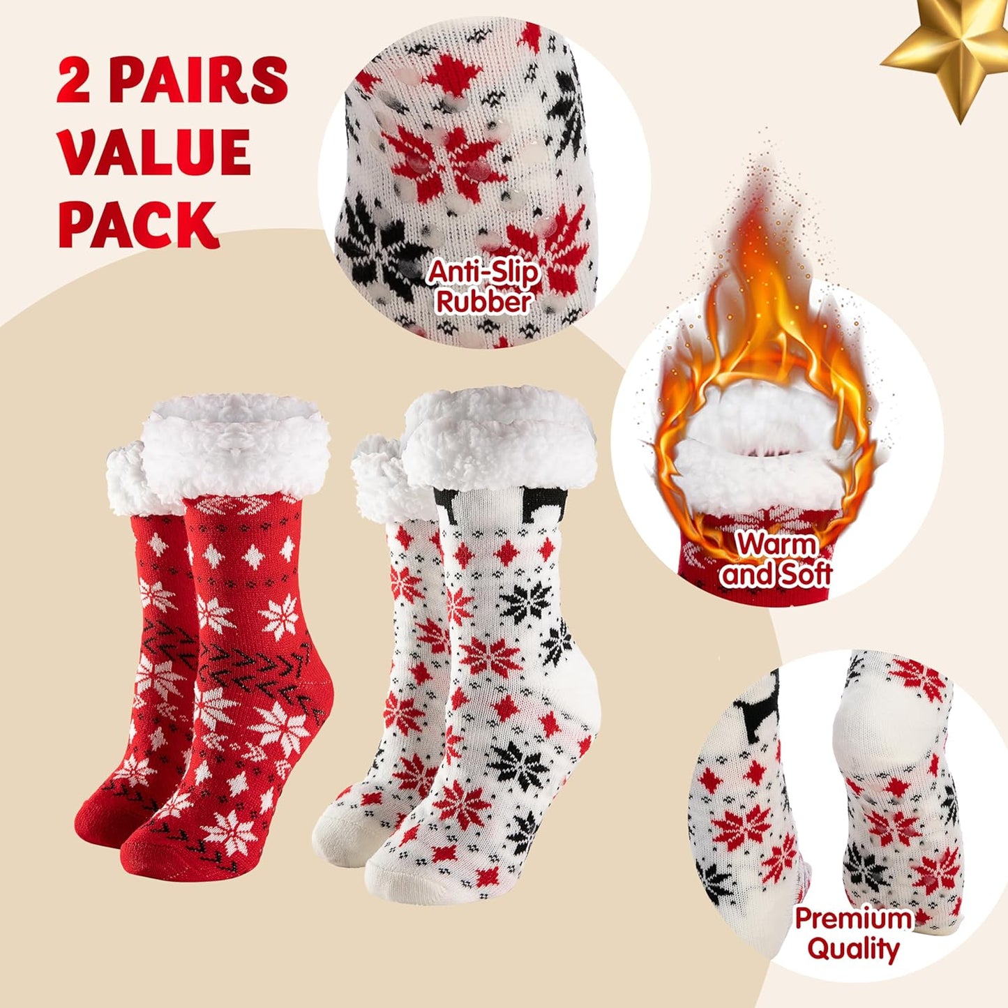 Joyfy 2 Pack Christmas Socks Fuzzy Socks for Women,Comfy Crew Fuzzy Sock Slippers for Women Adults,Christmas Gifts for Women