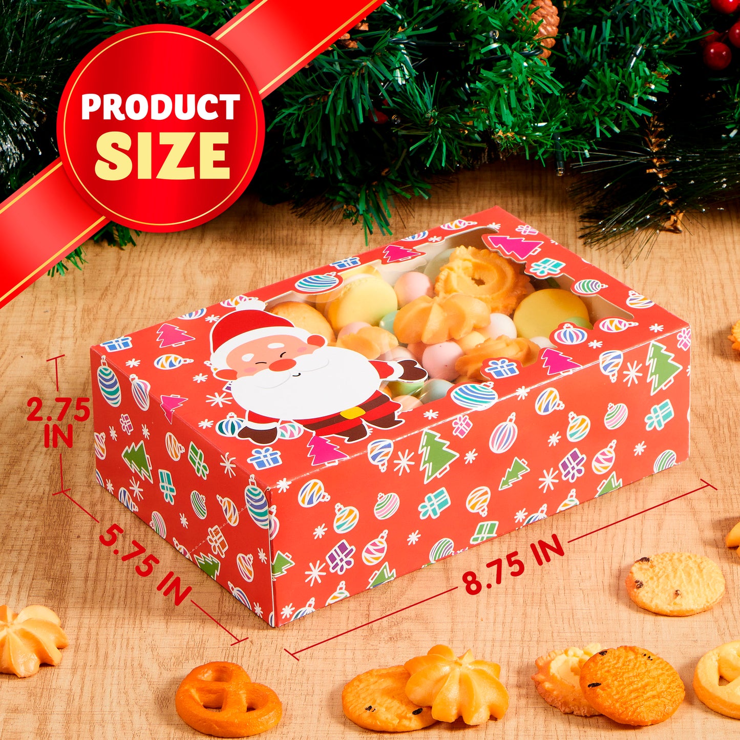 SYNCFUN 24 Pcs Christmas Foil Treats Cookie Gift Box 8.75" x 5.75" x 2.75" Colorful Pattern with Window for Pastries, Cupcakes, Cookies, Brownies, Donuts Gift Giving