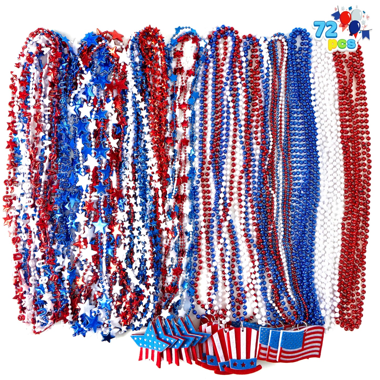 72 pieces of patriotic bead necklace combination for July 4th, loose, red, white, blue bead star bead necklace with pendant, loose for Independence Day parade, dress up accessories