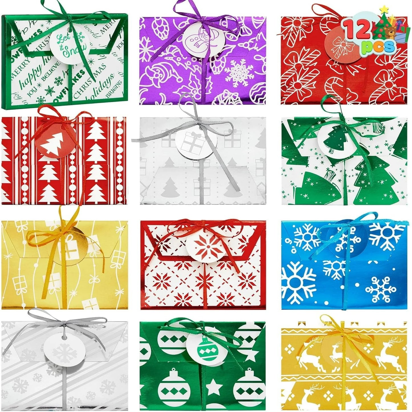 Joyfy 12 Pcs Gift Card Boxes Holder for Christmas, Christmas Foil Gift Card Boxes with Ribbon, 4.5" x 3.25" x 0.4" Decorative Wrapped Envelopes, 12 Design Holiday Xmas Party Present Decor