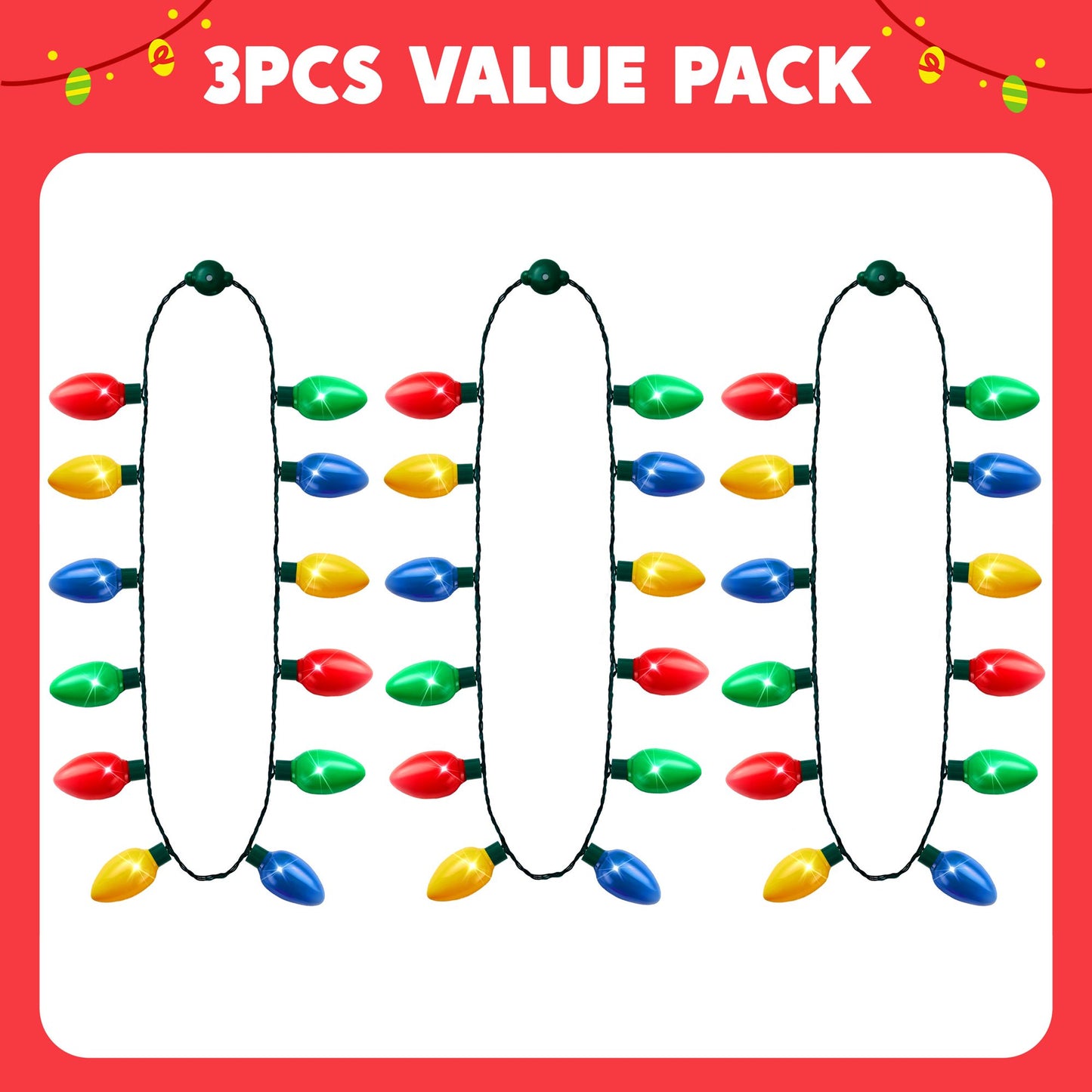 Joyfy 3 PCS Christmas LED Light up Bulb Necklaces Christmas Holiday Accessories Party Favors 12 LED Bulb Necklaces