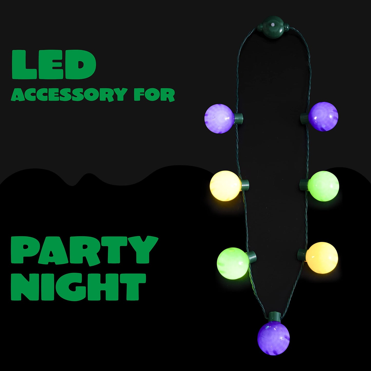 3 carnival LED light bulb necklaces, purple, green, gold LED luminous necklaces, 6 lighting modes