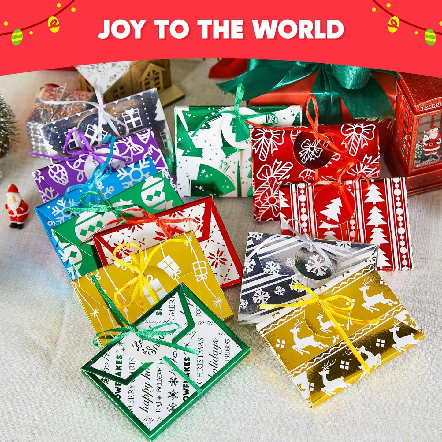 Joyfy 12 Pcs Gift Card Boxes Holder for Christmas, Christmas Foil Gift Card Boxes with Ribbon, 4.5" x 3.25" x 0.4" Decorative Wrapped Envelopes, 12 Design Holiday Xmas Party Present Decor