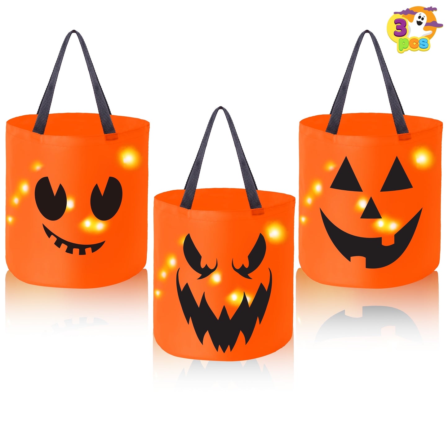 Joyfy 3 PCS Halloween Candy Bag,LED Light Pumpkin Candy Buckets for Kids,Halloween Trick or Treat Bucket with Pumpkin Smile Face for Halloween Party Favors Goodie Bags