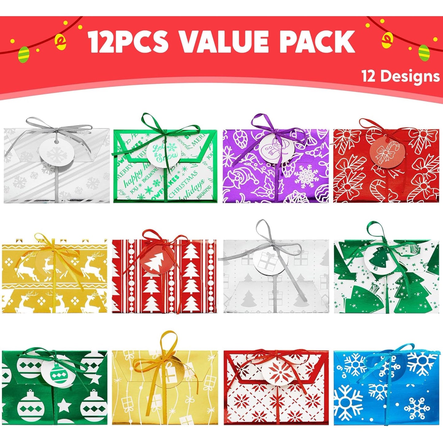 Joyfy 12 Pcs Gift Card Boxes Holder for Christmas, Christmas Foil Gift Card Boxes with Ribbon, 4.5" x 3.25" x 0.4" Decorative Wrapped Envelopes, 12 Design Holiday Xmas Party Present Decor