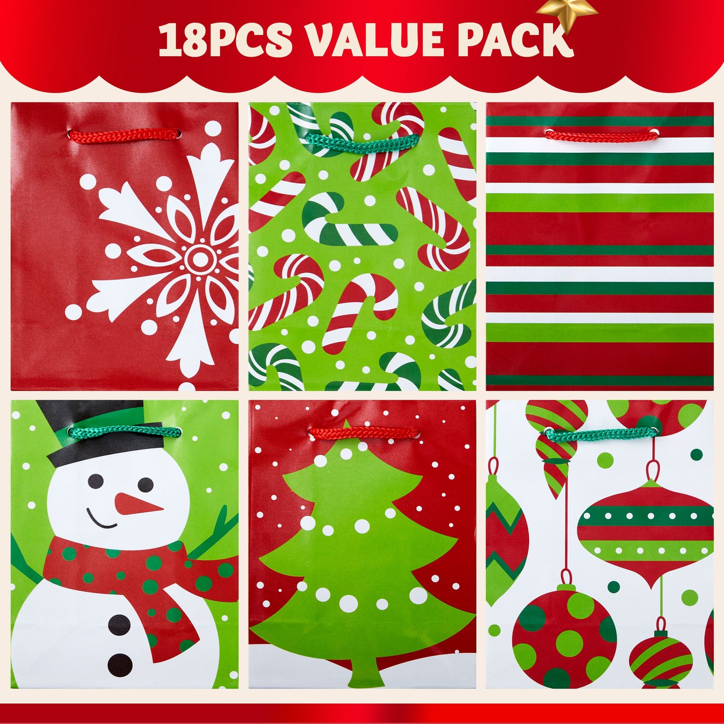 Joyfy 18 Pcs Christmas Holiday Goody Bags, 6 Assorted Christmas Designs Goodie Bags for Classrooms, Party Favors, Small Gift Bags, Kraft Bags and Christmas Craft Bags