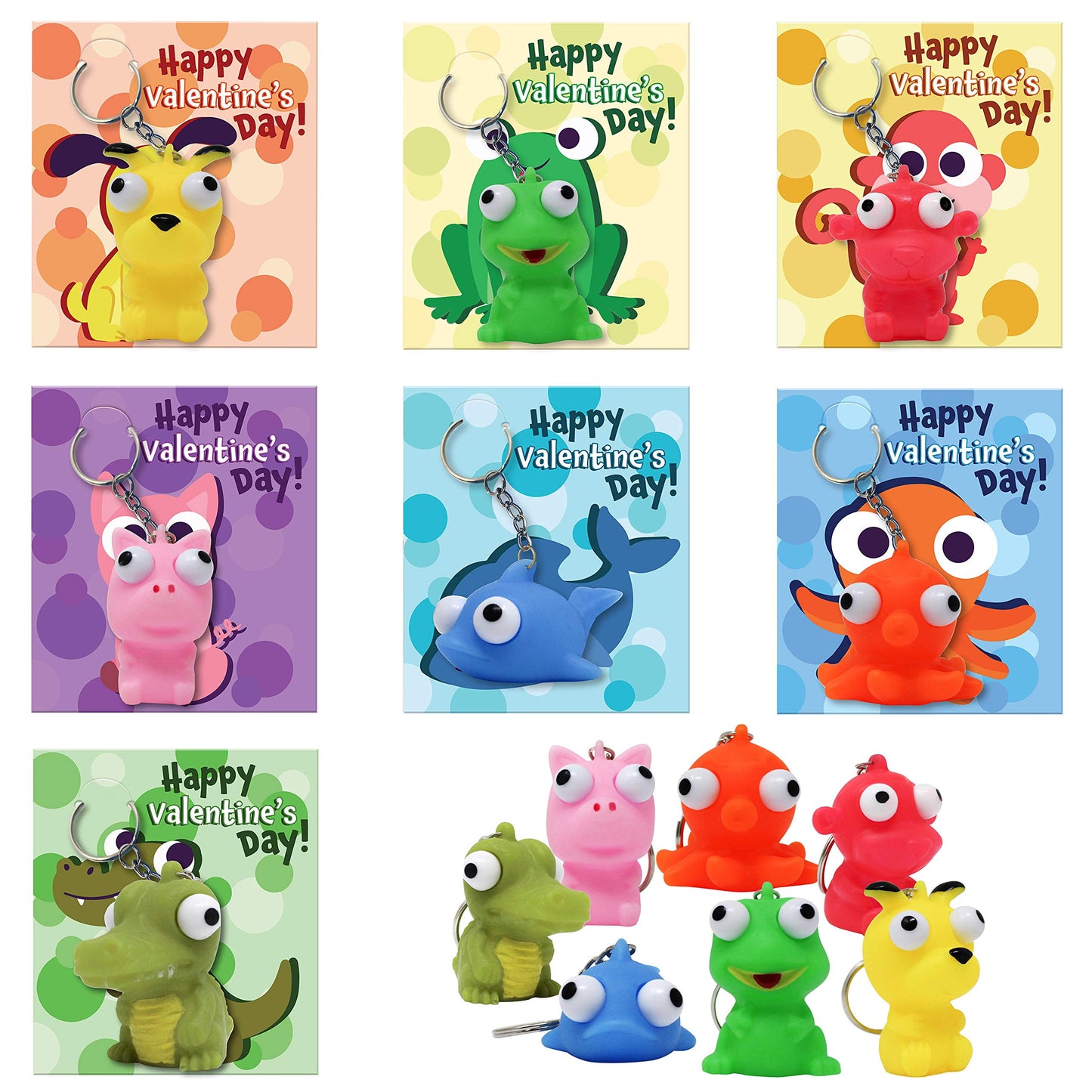 28 Packs Valentines Cards with Popping Eyes Animal Keychain for Kids, Fidget Valentines Toys for Kids School Class Exchange Cards