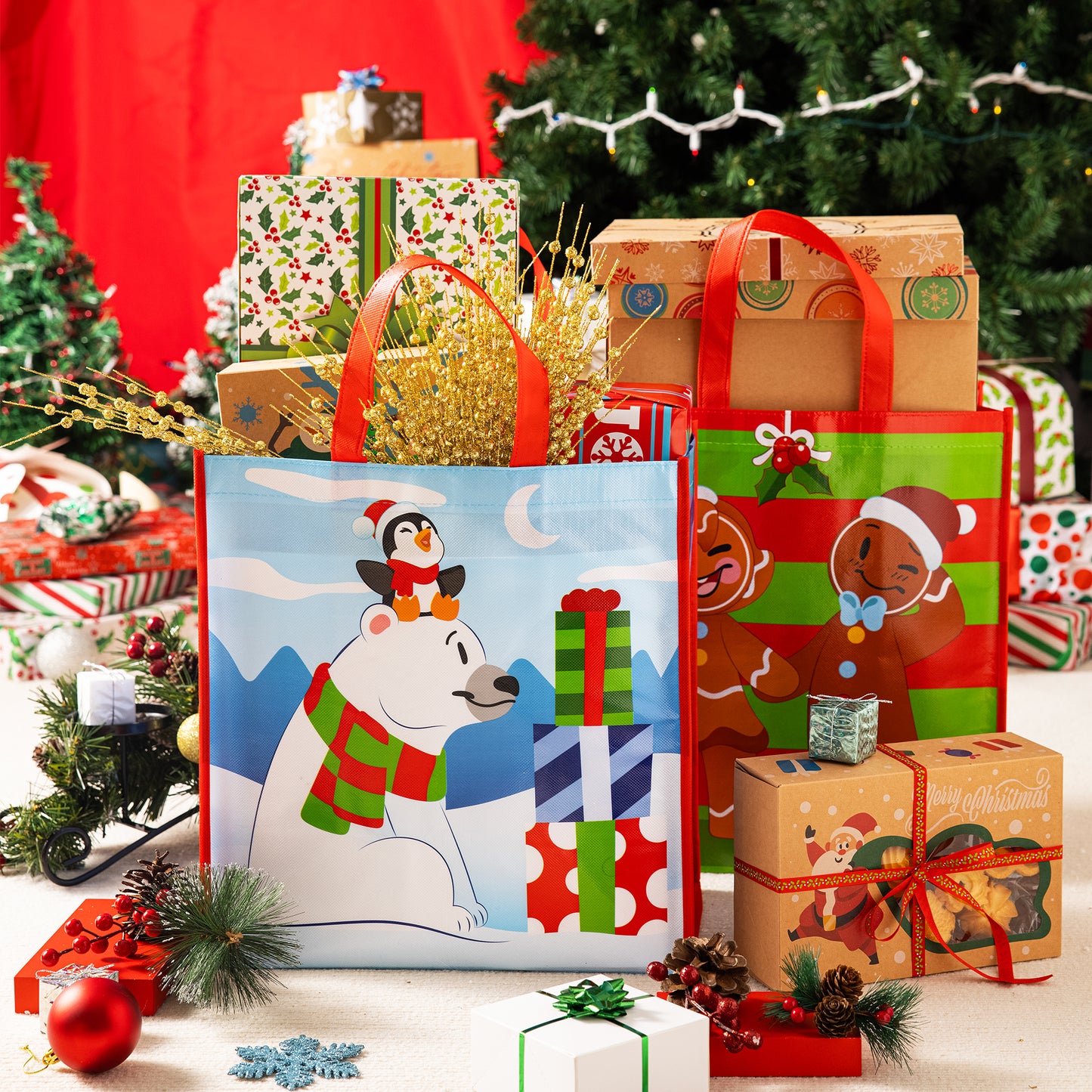 Joyfy 12 Pcs Christmas Tote Bags, Holiday Reusable Grocery Bags for Classroom Party Favor Supplies, Christmas Shopping Bags, Xmas Party Supplies Bags