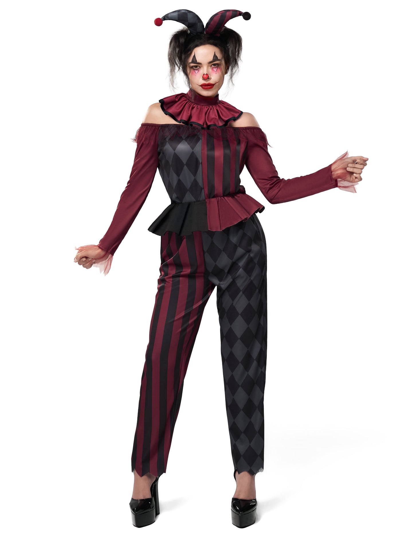 Joyfy Clown Costume for Women, Evil Clown Dress, Halloween Scary Jester Costume for Adult Women Halloween Dress Up Fancy Dress Cosplay Party