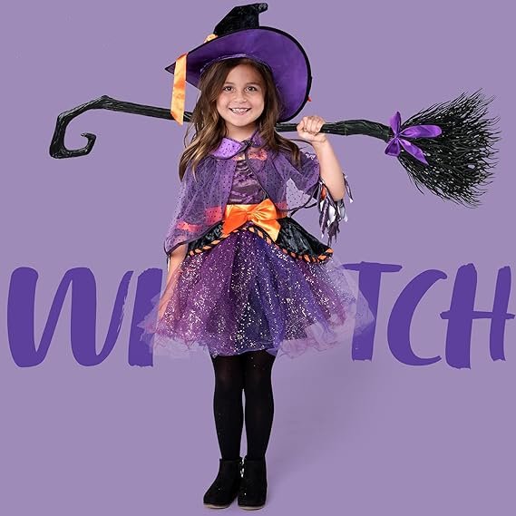 Joyfy Child Girl Orange Purple Witch costume with Broom for Girls Halloween Dress Up