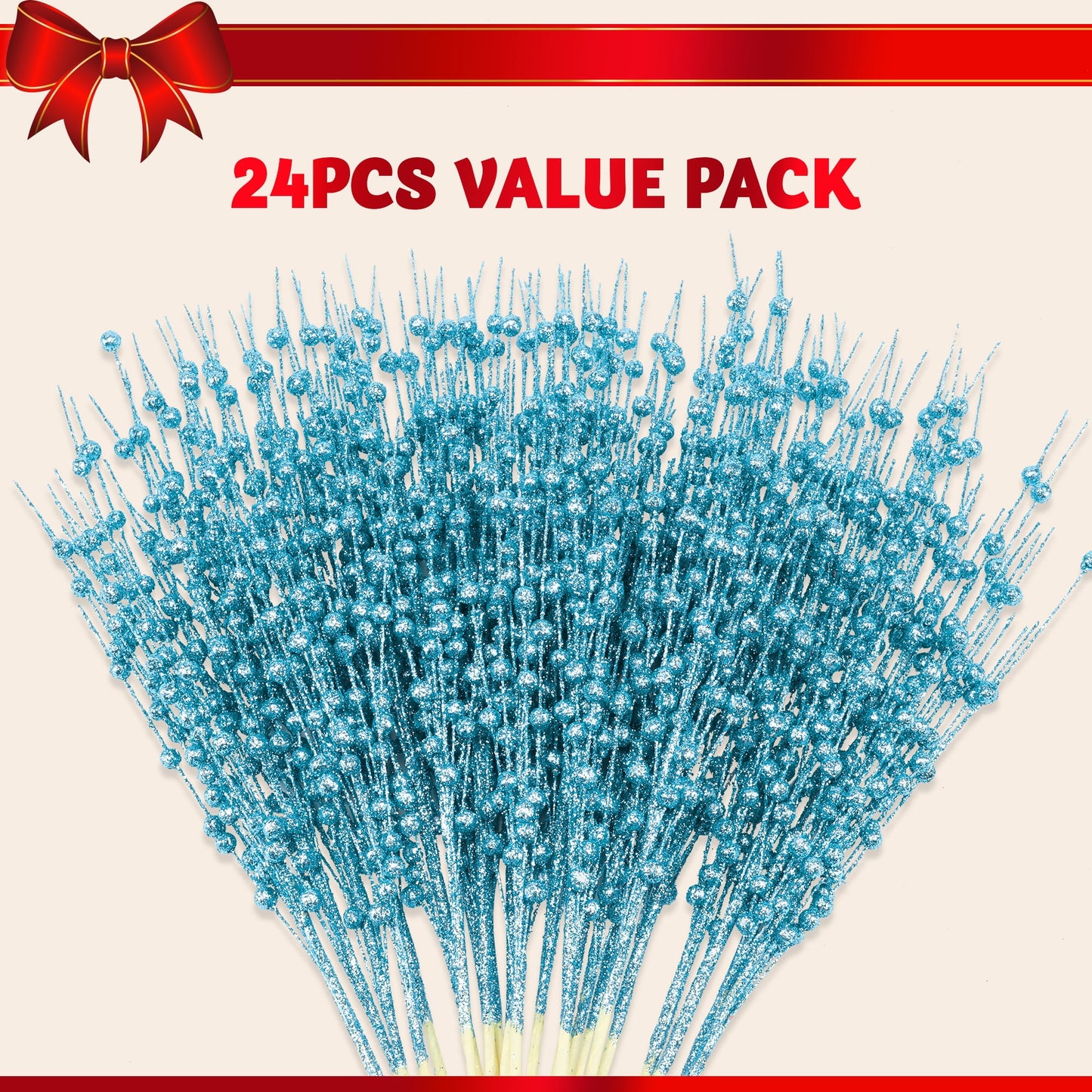 Joyfy 24 Pcs Christmas Tree Berry Stem, 20 Inches Decorative Bead Sticks, Glittery Twigs, Picks, Branches for Christmas Tree, Small Vase, Holiday, Wedding, Party (Light Blue)