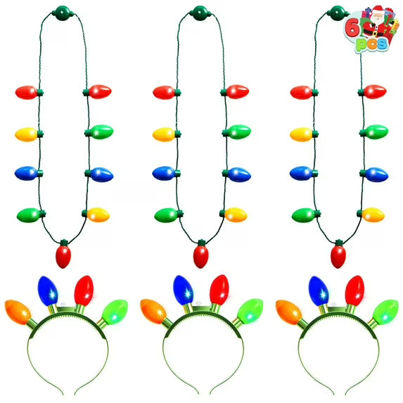 Joyfy 6 PCS Christmas Light up Headbands and Necklaces with 6 Flashing Modes, LED Christmas Bulb Light Necklace Headbands for Party Supplies Accessories