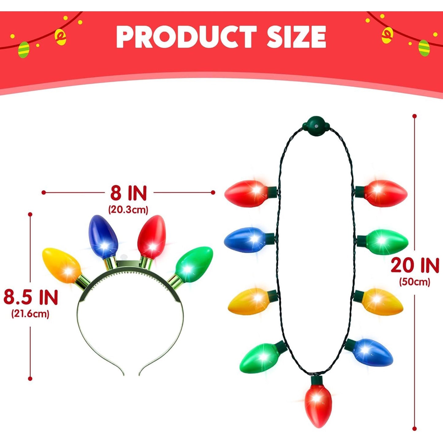 Joyfy 6 PCS Christmas Light up Headbands and Necklaces with 6 Flashing Modes, LED Christmas Bulb Light Necklace Headbands for Party Supplies Accessories