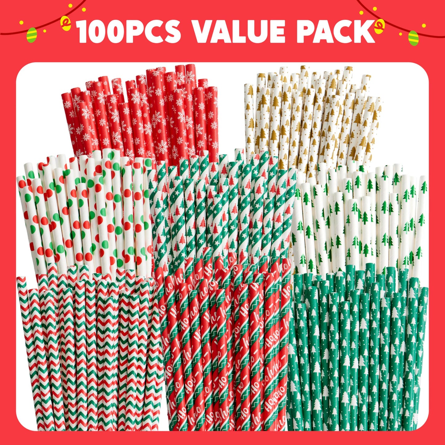 Joyfy 100 PCS Christmas Paper Straws, 8 Styles with Stripe, Wave, Christmas Tree Snowflake Design Decorations Supplies, for Xmas Drinkware Party Supplies, Party Decorations and Holiday Celebrations