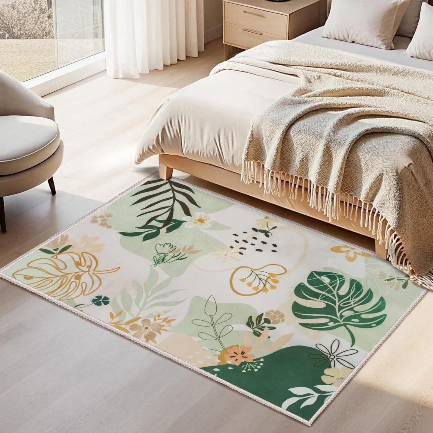 Joyfy 3x5 Area Rugs for Bedroom Washable Non-Slip, Small Rug with Rubber Backing, Art Flora Carpet for Bedside, Living Room, Dorm, Kitchen Green