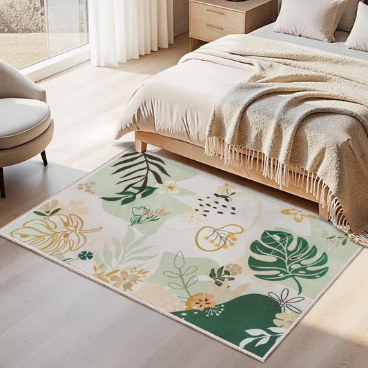 Joyfy 3x5 Area Rugs for Bedroom Washable Non-Slip, Small Rug with Rubber Backing, Art Flora Carpet for Bedside, Living Room, Dorm, Kitchen (Green)